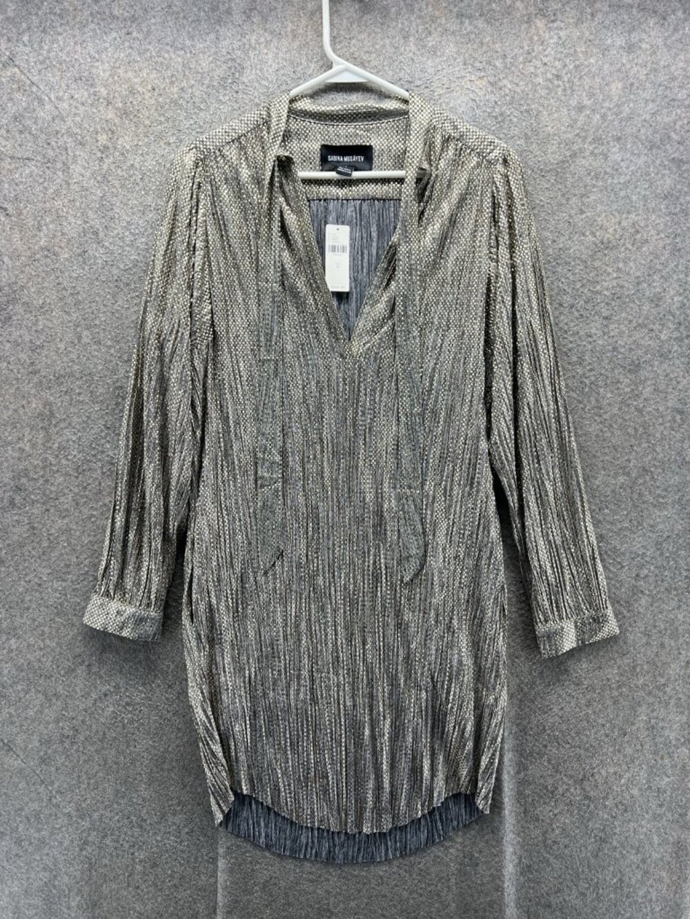 Sabina Musayev Blouse Women Small Gold Metallic V Neck 3/4 Sleeve Tunic Pleated